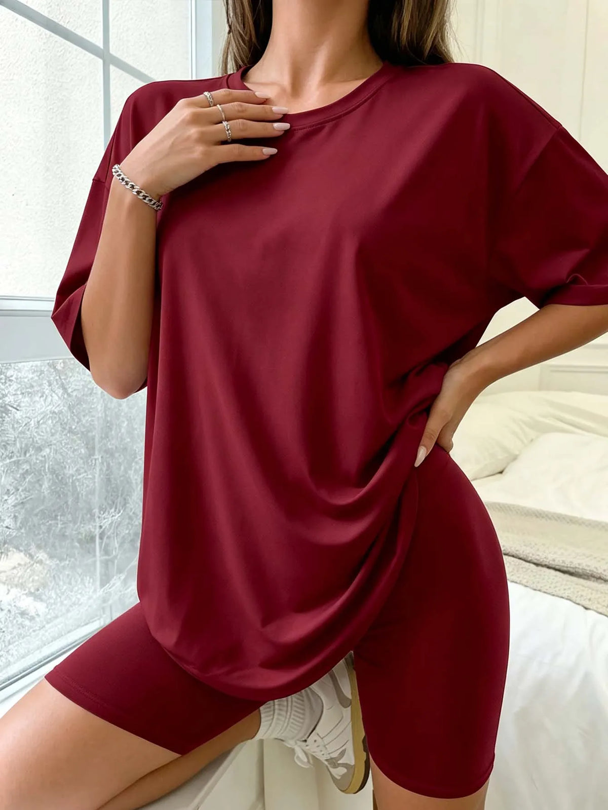 Large-size women's casual summer short-sleeved dress with tight shorts set, suitable for exercise and fitness, soft and comforta