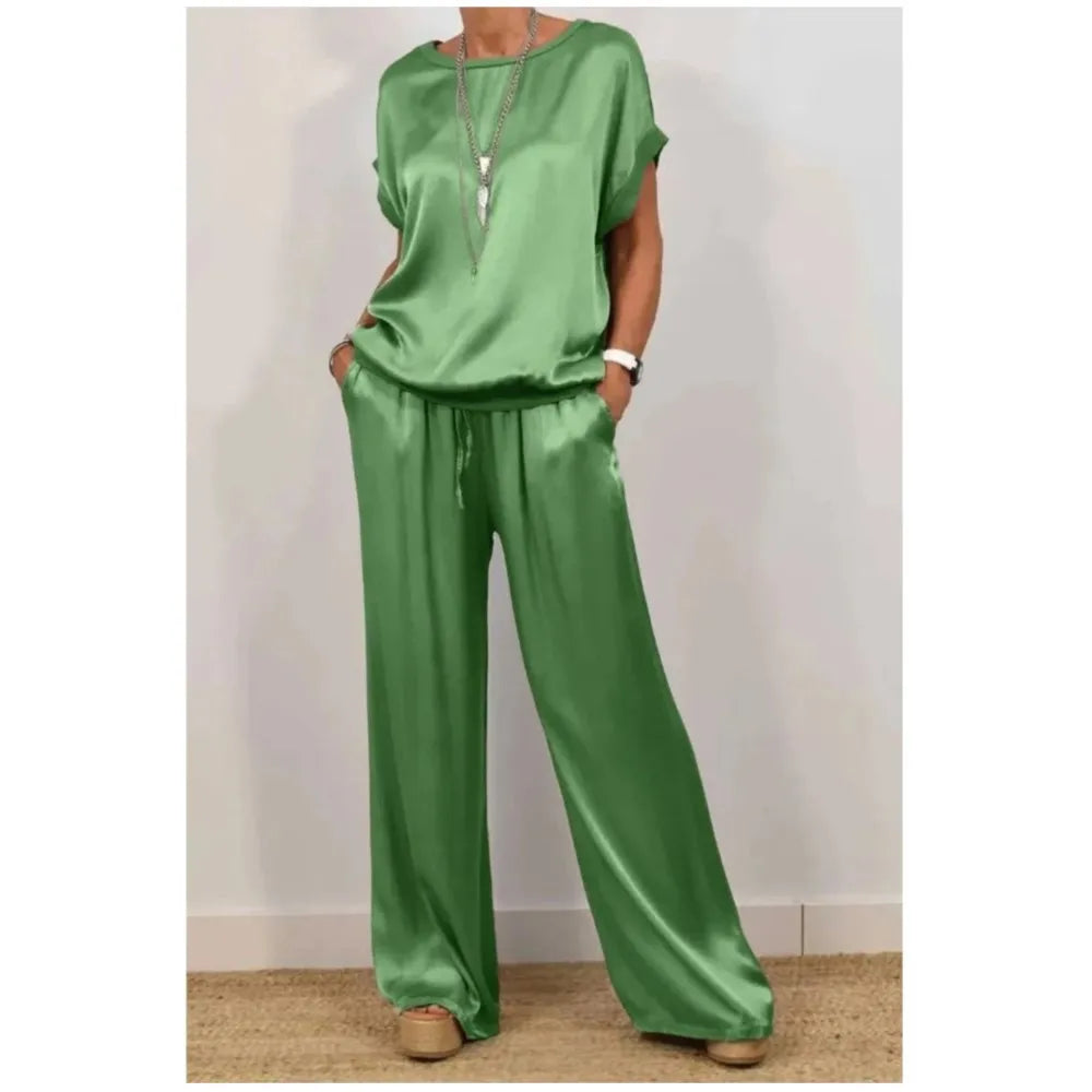 2-Piece Set Fashion Satin O Neck T-Shirt Top Trousers Summer Retro