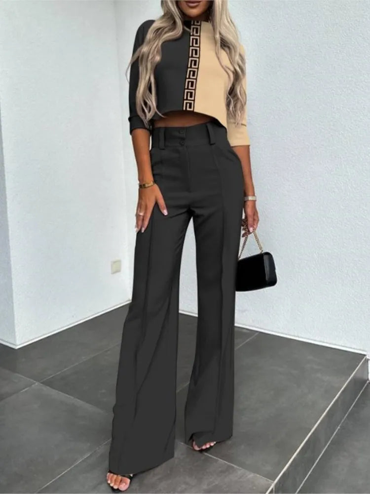 Casual Long Sleeve Shirt Pants Set Office Lady Spring Autumn Fashion