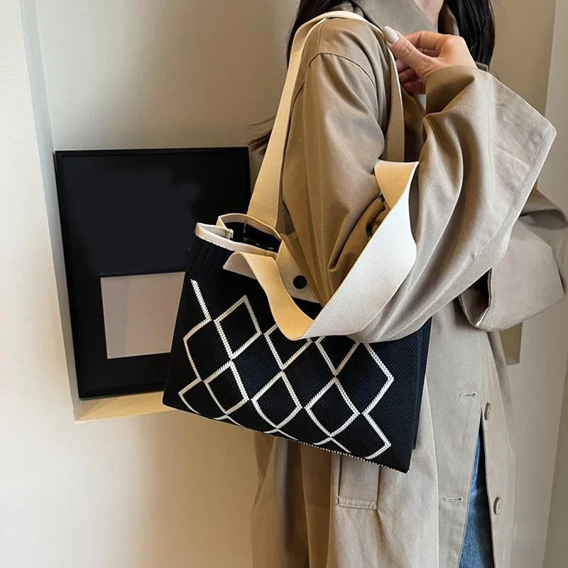 Rhombus Line Knitted Hand Bag Female All-Match Snap Button Portable Tote Bag Large Capacity Student Fine Needle Wallet Autumn