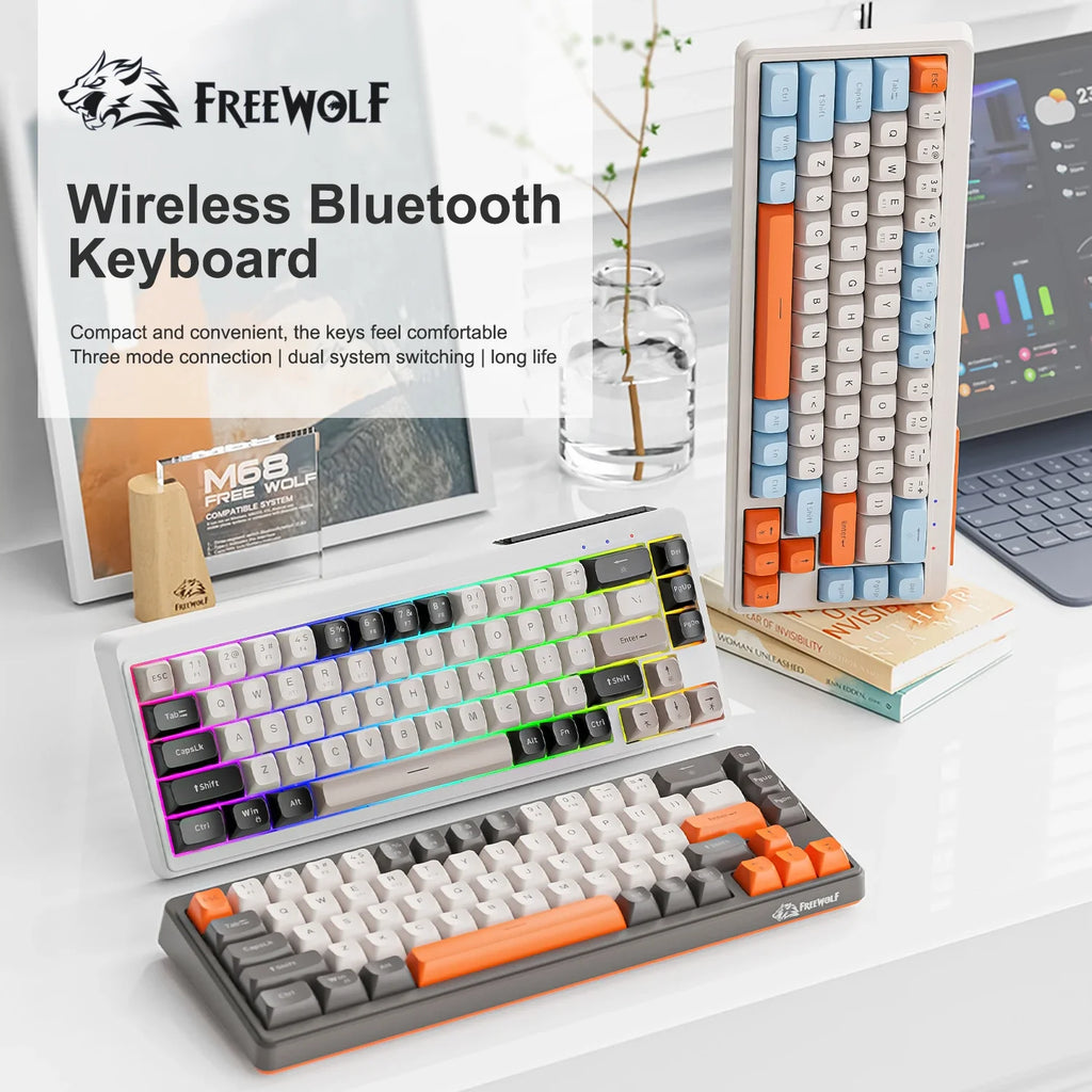 FREEWOLF M68™ Wireless Mini Keyboard & A3 Silent Mouse Set – Tri-Mode Wired/BT/2.4G, 68 Keys, PBT Keycaps, Rainbow Backlit, 2000mAh, 4000 DPI, Type-C, Cheese, Blueberry & Glimmer | FlipStylez LLC®