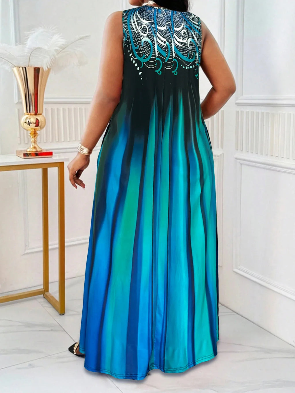 Plus Size Teal Blue Gradient Print Maxi Dress Summer Casual Round Neck Sleeveless Loose Long Sundress With Pocket