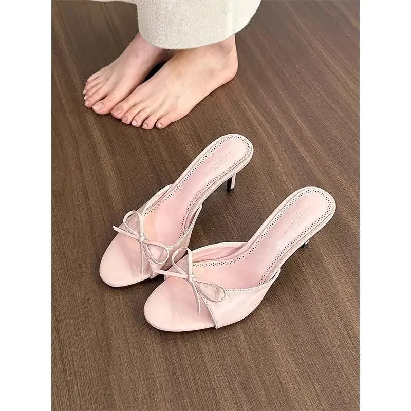 Satin Butterfly-knot Women Slippers Fashion Polka Dot Party Dress Slides Thin High Heel Ladies Elegant Slides Pump