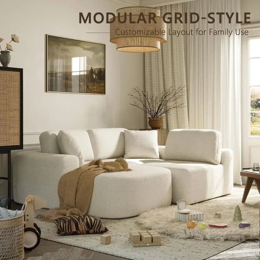 107 L-Shaped Sectional Sofa with Chaise, No Assembly, Ivory Beige Bouclé-Style Upholstery for Living Room