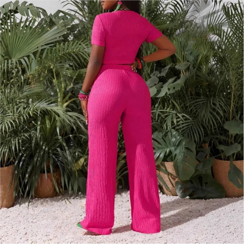 Casual Sports Set for Women Sexy Slim Short Sleeve O Neck Tops+high