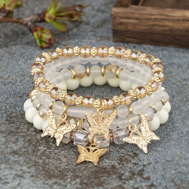 4pcs Bohemian Butterfly Charm Bracelet Set for Women Crystal Beads
