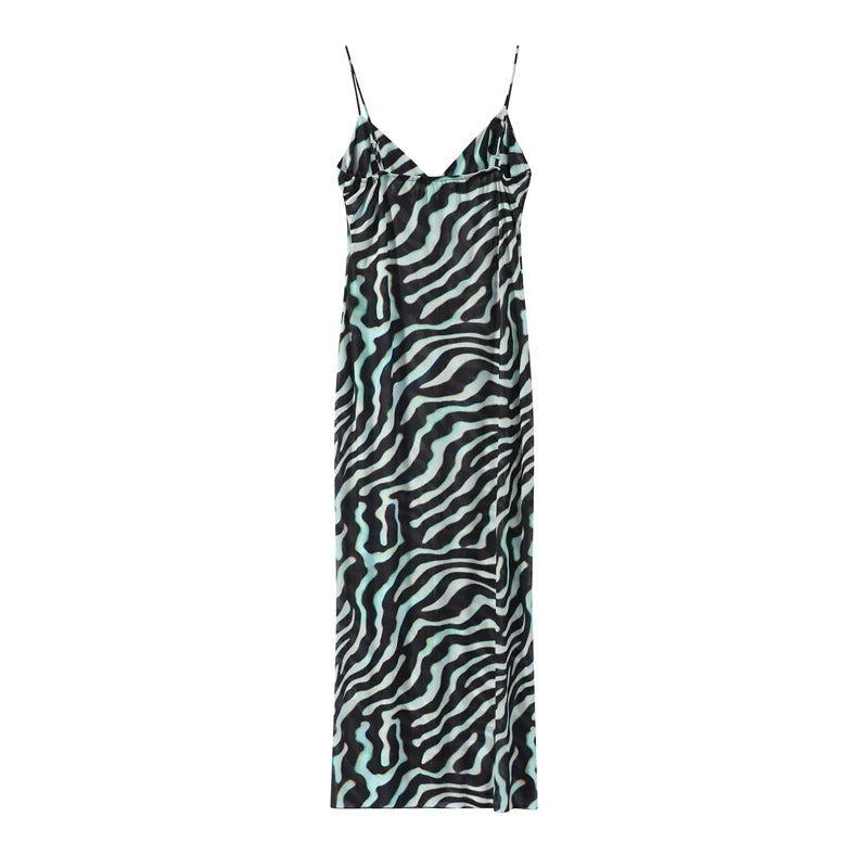 Beach Print Top Pants Women Set Sexy Sling V-Neck Long Blouse Wide Leg