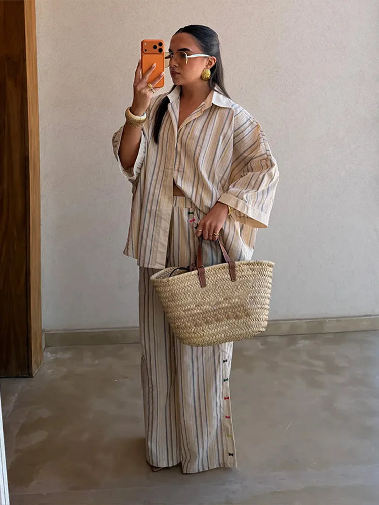 Casual Shirt Pants Women's Set Elegant Belt Long Sleeve Female Blouse