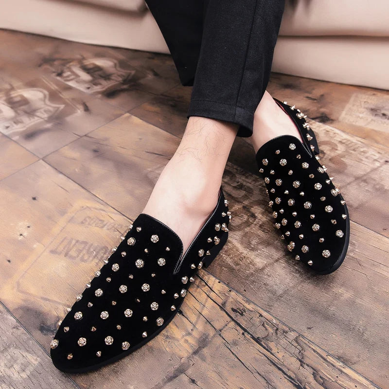 2024 New Brand Black Spikes Mens Loafers Luxury Shoes Denim And Metal Sequins High Quality Casual Men Shoes Wedding Flats Shoes
