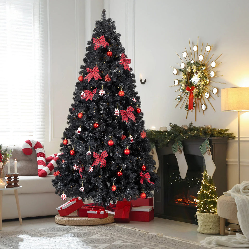 7.5FT Black Pre‑lit Artificial Christmas Tree, Hinged Xmas Tree with 350 Warm White LED Lights Remote Control, 1200 Branch Tips with Tree Skirt & Red Ornaments for Holiday Home Decor