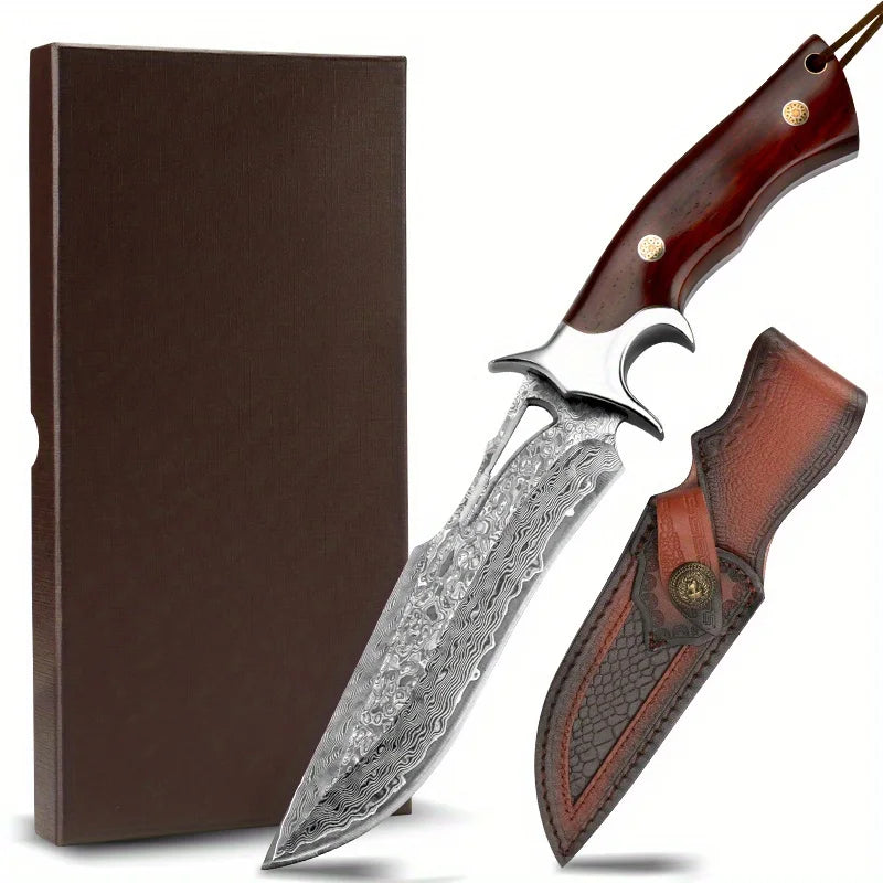 A Large Damascus Handmade Forged Knife - Fixed Blade, Wooden Handle