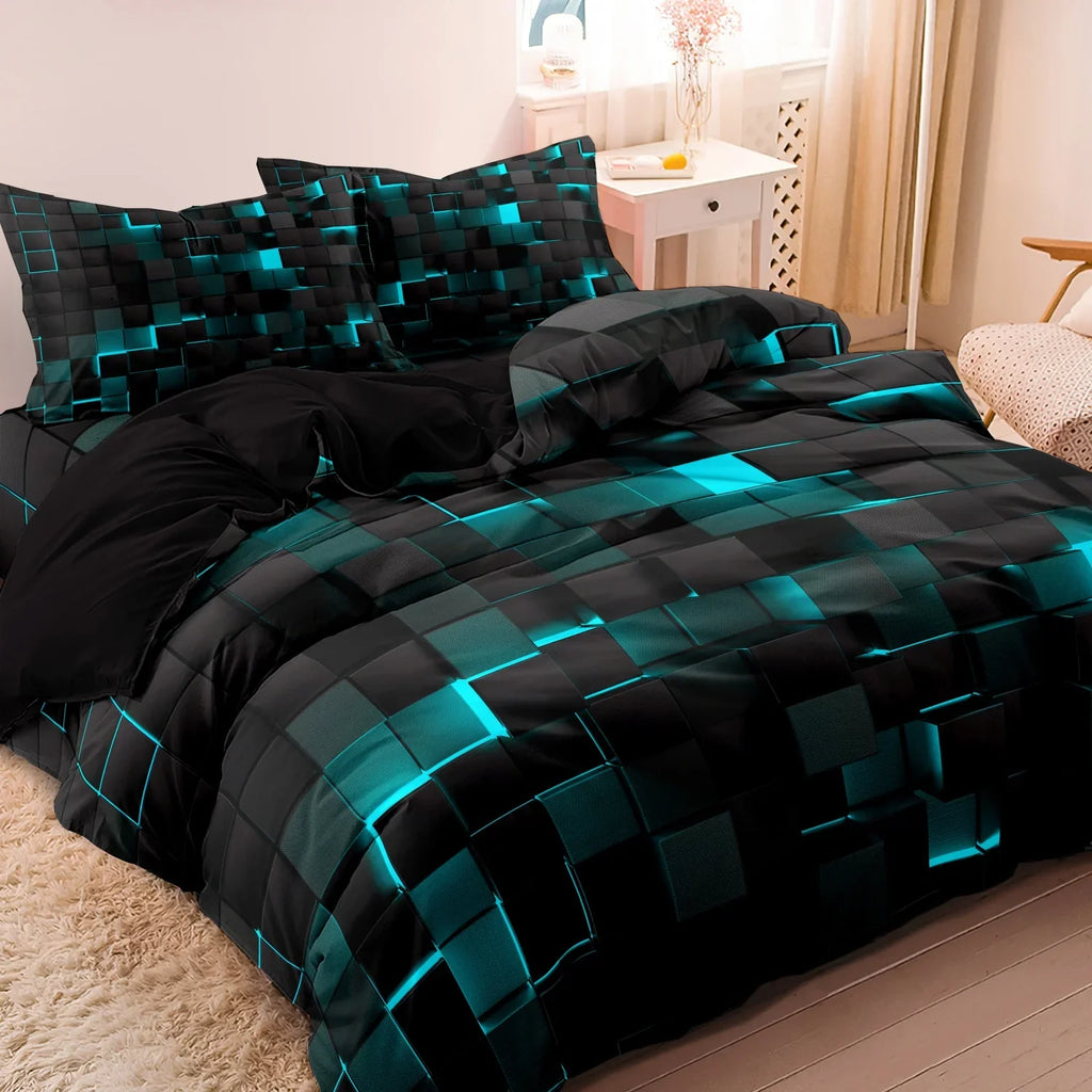 3pcs Luxurious Geometric Grid Plaid Print Soft Comfortable Duvet Cover
