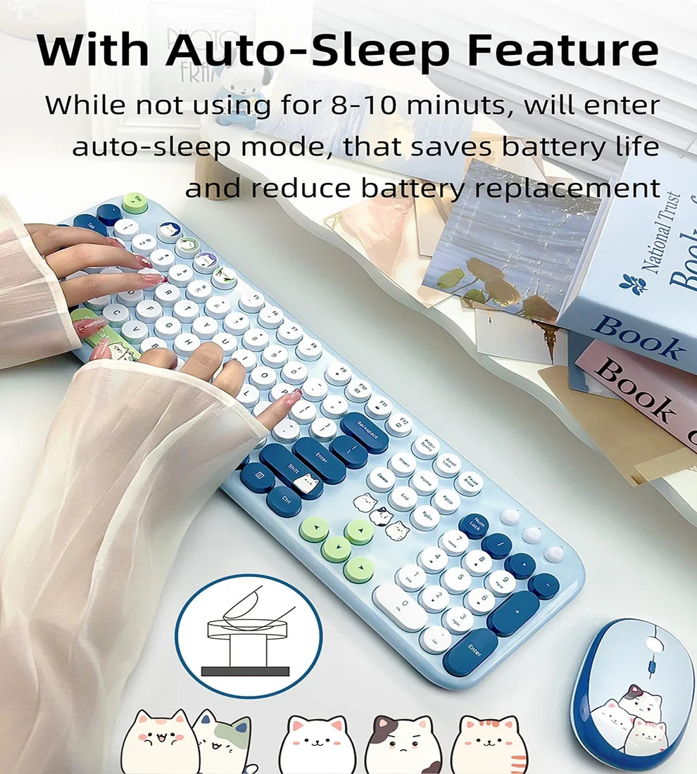 JOMAA™ Retro Cute Cat Wireless Keyboard & Mouse Combo – 104 Keys, Round Keycaps, 2.4GHz, Ergonomic, Auto Sleep, Multi-Language, Beige & Blue | FlipStylez LLC®