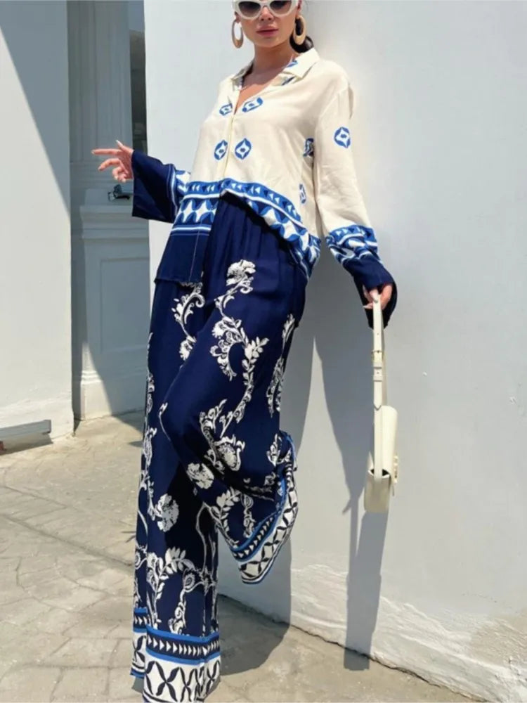 Spring New Printed Pants Sets Women Fashion Casual Loose Long Sleeve