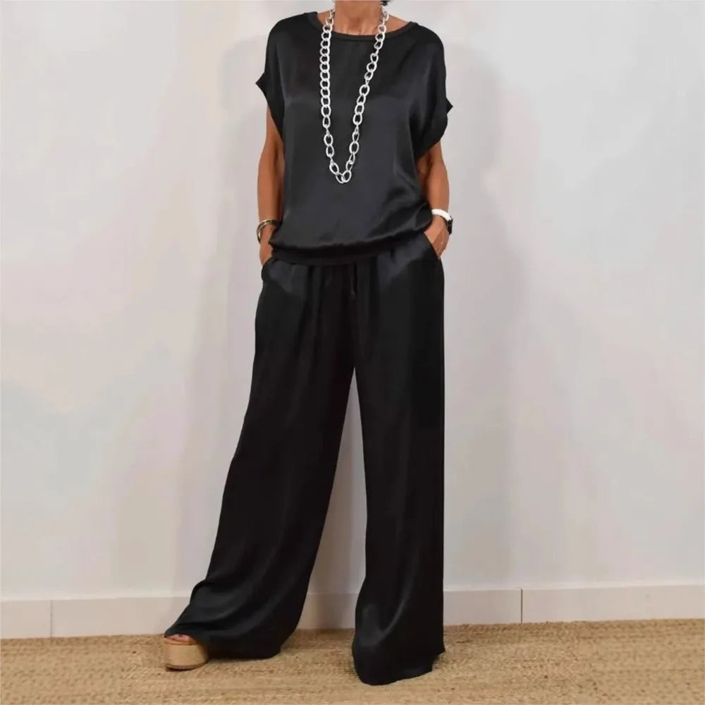2-Piece Set Fashion Satin O Neck T-Shirt Top Trousers Summer Retro
