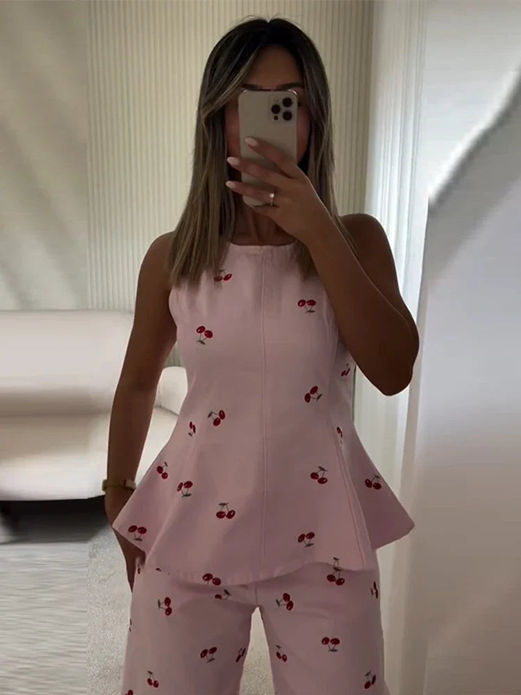 Casual Printed Women's Top Trouser Suits Sleeveless O-Neck Wide Leg