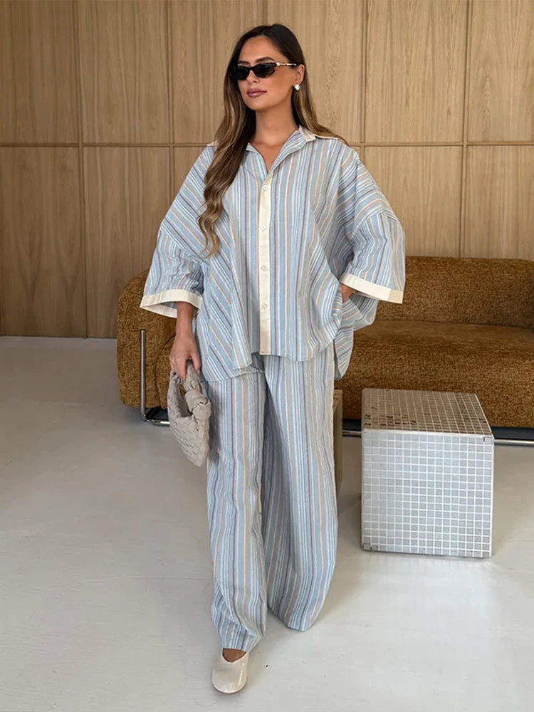Casual Shirt Pants Women's Set Elegant Belt Long Sleeve Female Blouse