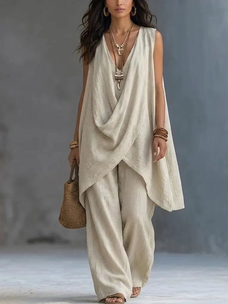 Summer Linen Cotton Sleeveless Stand Collar Set Women Casual Loose Fit