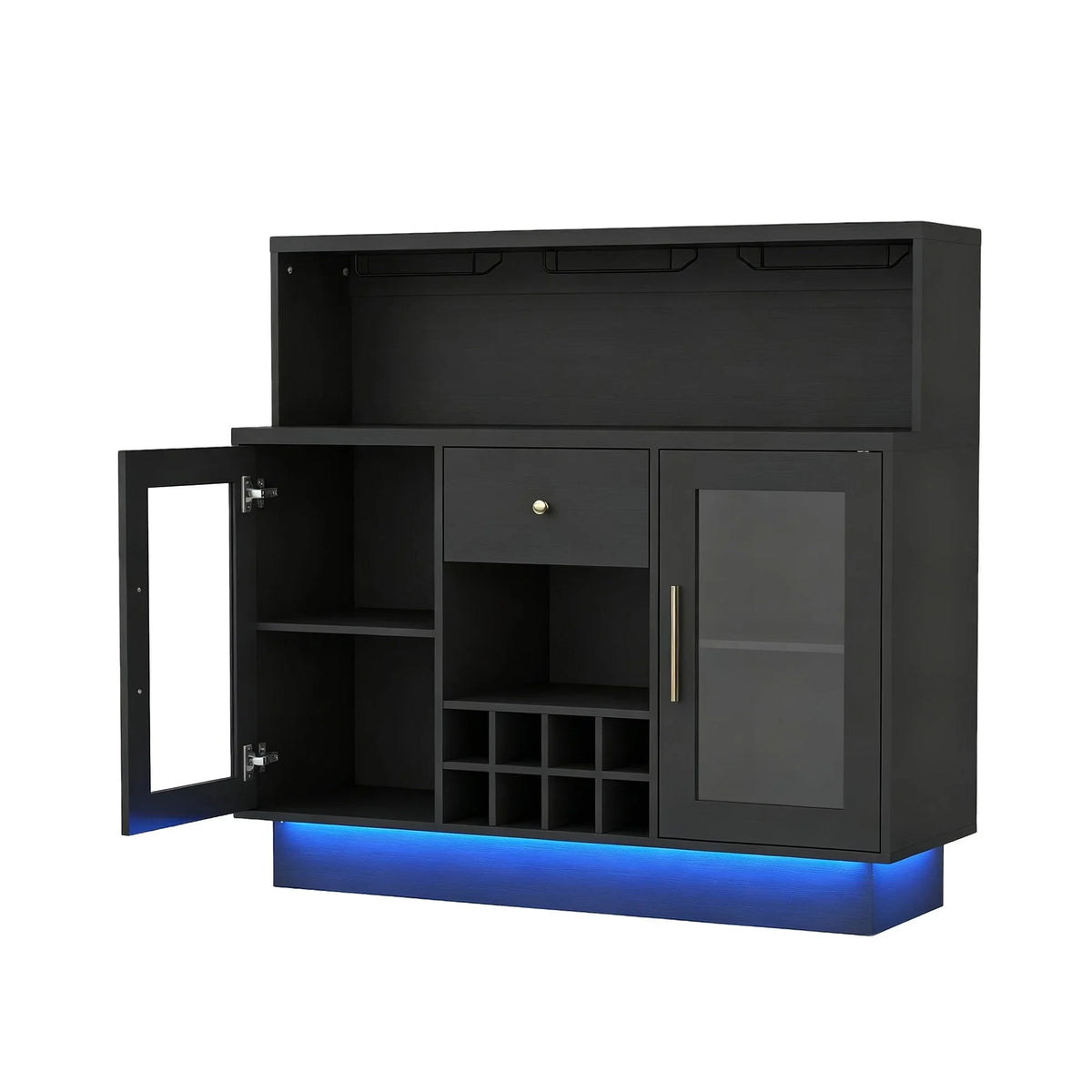 47" LED Wine Bar Cabinet With Glass Doors, 8 Bottle Rack, 15 Glass Holder, Drawers & Charging Station For Dining Room Kitchen