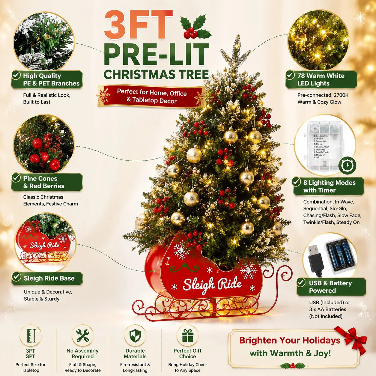 3‘ Artificial Christmas Tree Pre Lit Fiber Optic with 78 Warm White LED Lights 8 Mode Lighting Sleigh Ride Base USB Powered Battery Operated Tabletop Xmas Tree No Assembly