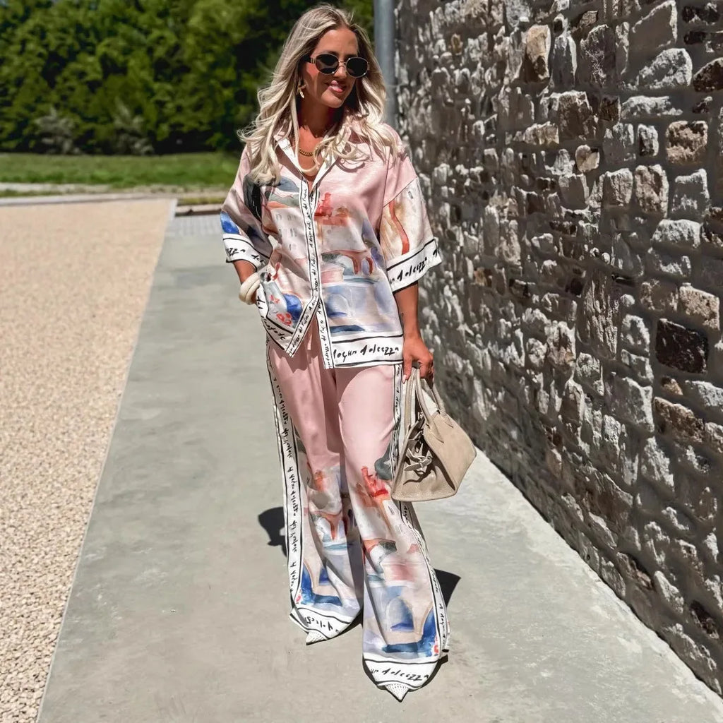 Autumn New Half-Sleeved Printed Shirt Trousers for Women 2-Piece Set