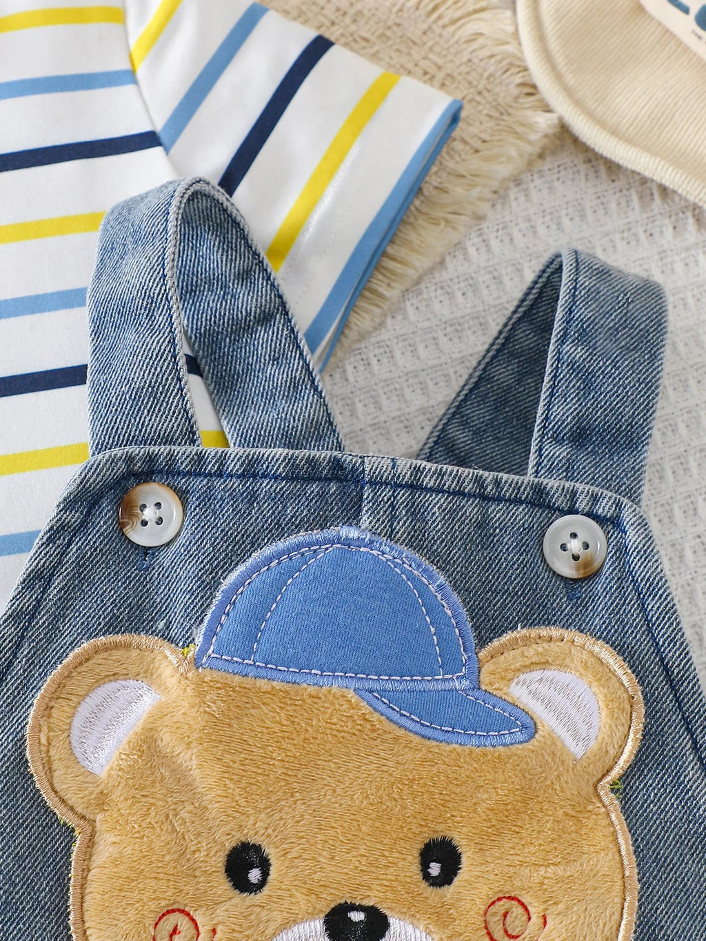 Baby Boy Striped Short-Sleeved T-Shirt + Bear Denim Overalls Shorts