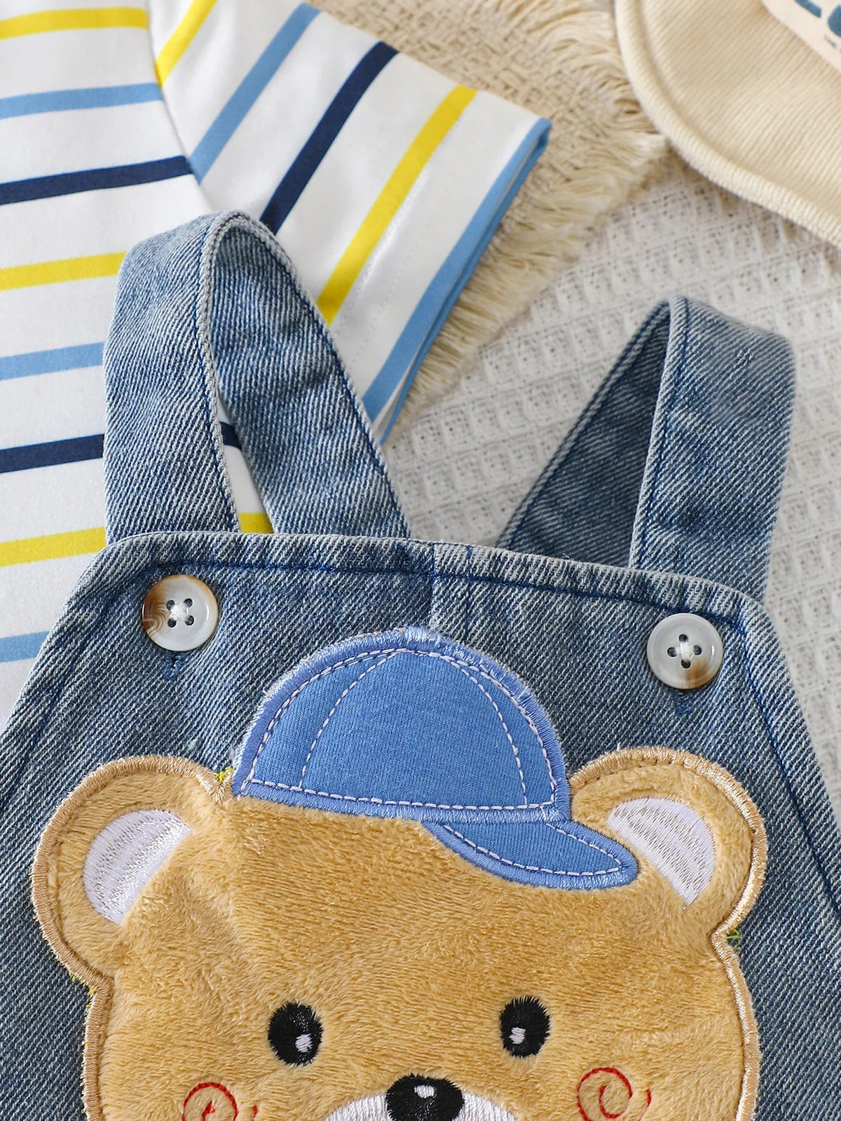 Baby Boy Striped Short-Sleeved T-Shirt + Bear Denim Overalls Shorts
