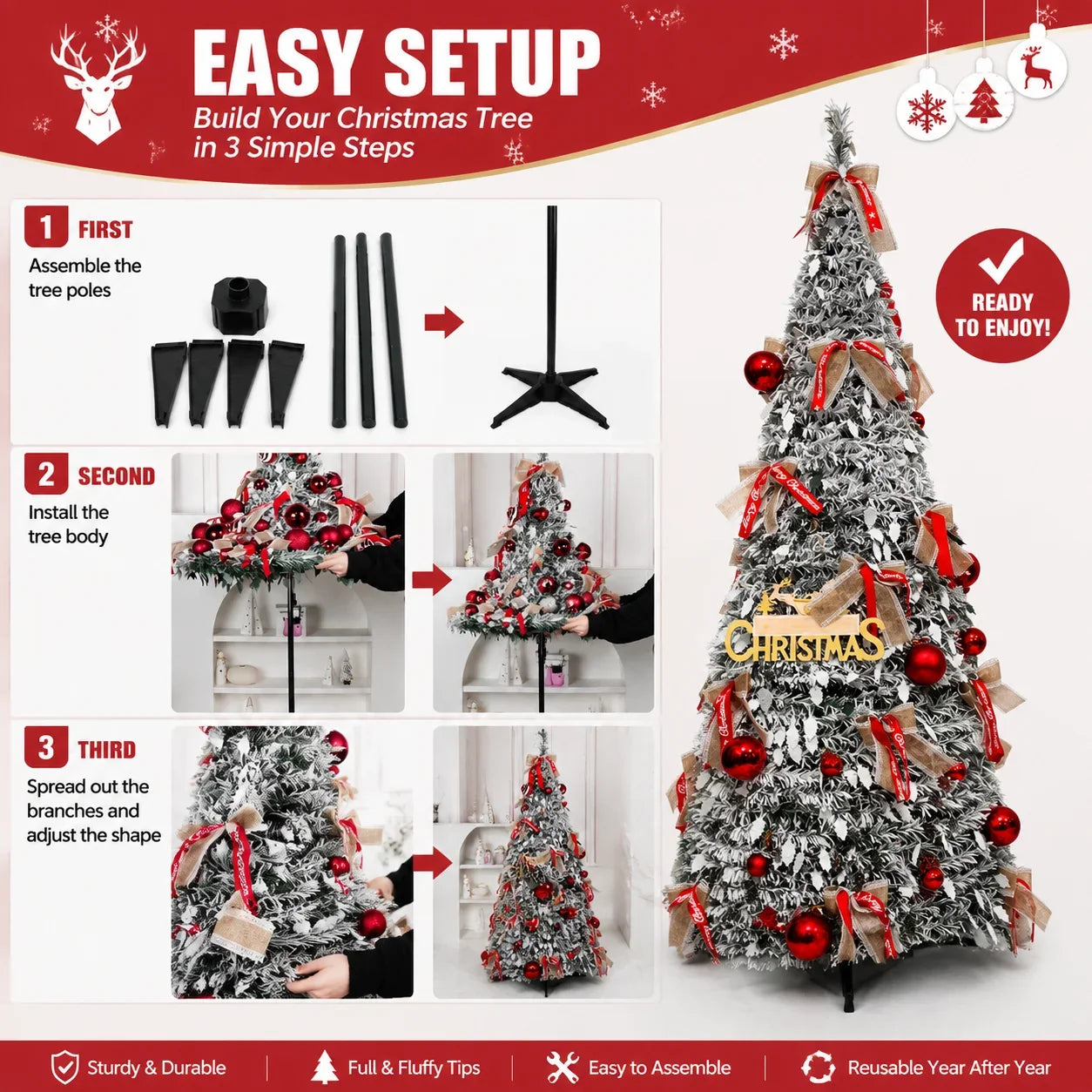 Foldable Christmas Tree with LED Lights Snow Flocked Artificial Xmas Tree Slim Space Saving Party Home Holiday Decoration