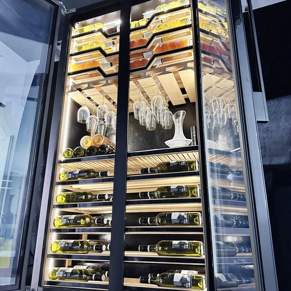 Two Tempered Glass Doors Battery-Powered Heating Function Electric Wine Cooler Cellar Fridge Luxury Beer Red Wine Hotel