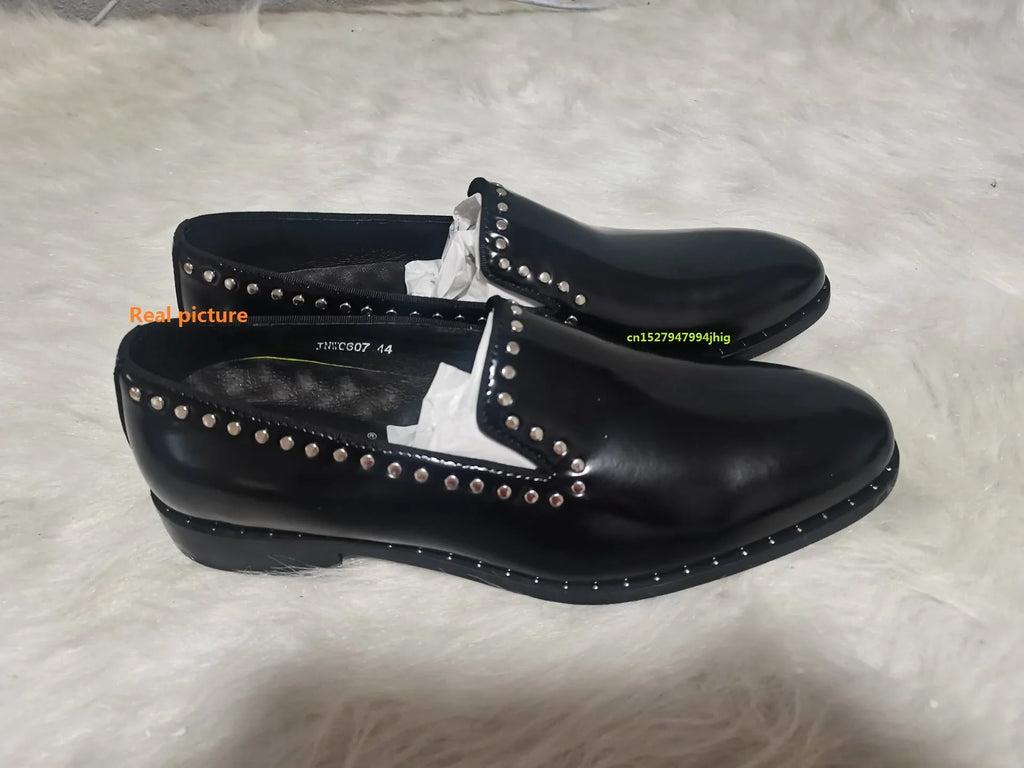 New fashion black shoes for men slip on loafers  rivet square toe  dress shoes Shiny genuine leather men shoes