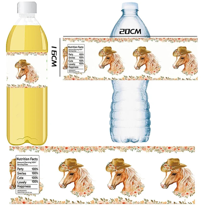 Floral Horse Stickers Party Supplies Tableware Bottle Stickers Set Cowgirl Western Horse Labels Birthday Party Decorations