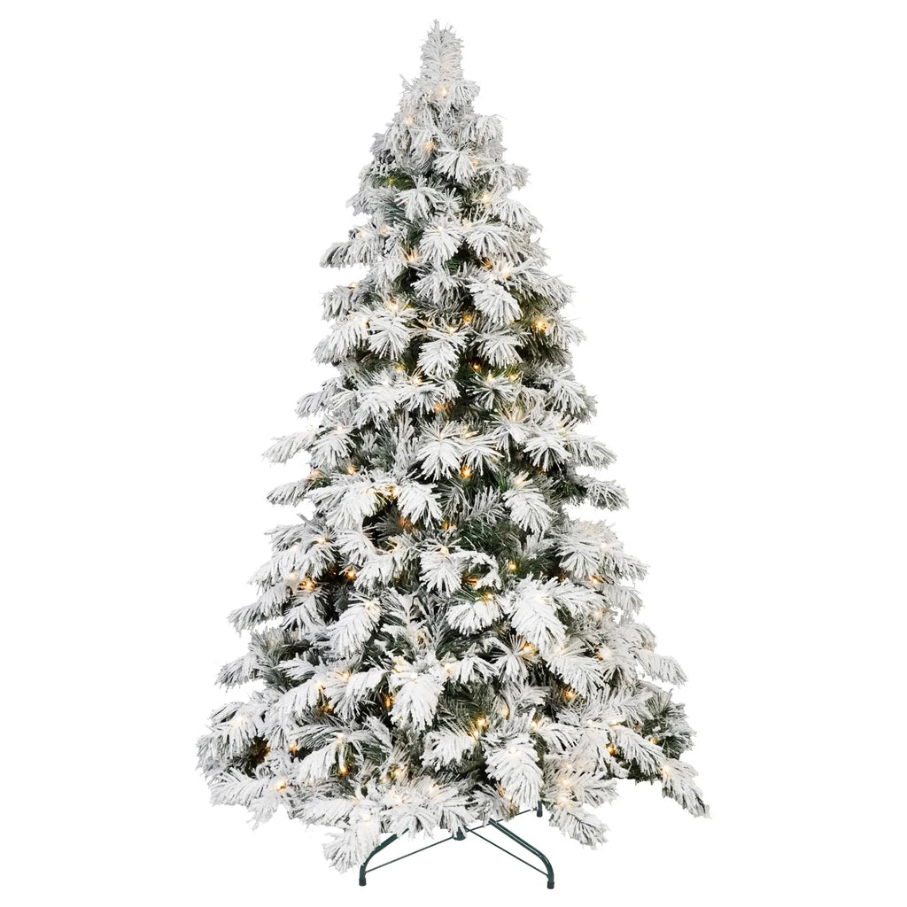 7FT Pre-lit Flocked Artificial Christmas Tree, Snow Flocked Xmas Tree with 360 Warm White LED Lights, 890 PVC Memory Wire Tips, Hinged Structure for Indoor Holiday Decor