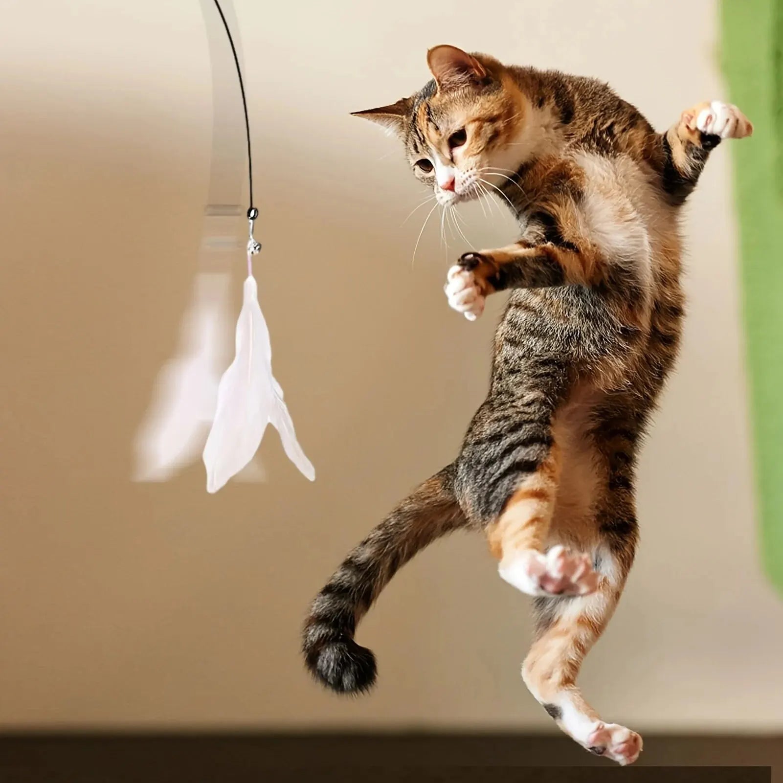 Cat Teaser Toy - Interactive Bell & Feather Wand - Long Suction Cup
