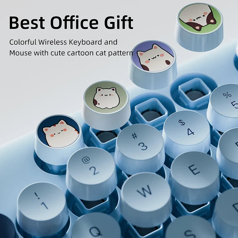 JOMAA™ Retro Cute Cat Wireless Keyboard & Mouse Combo – 104 Keys, Round Keycaps, 2.4GHz, Ergonomic, Auto Sleep, Multi-Language, Beige & Blue | FlipStylez LLC®