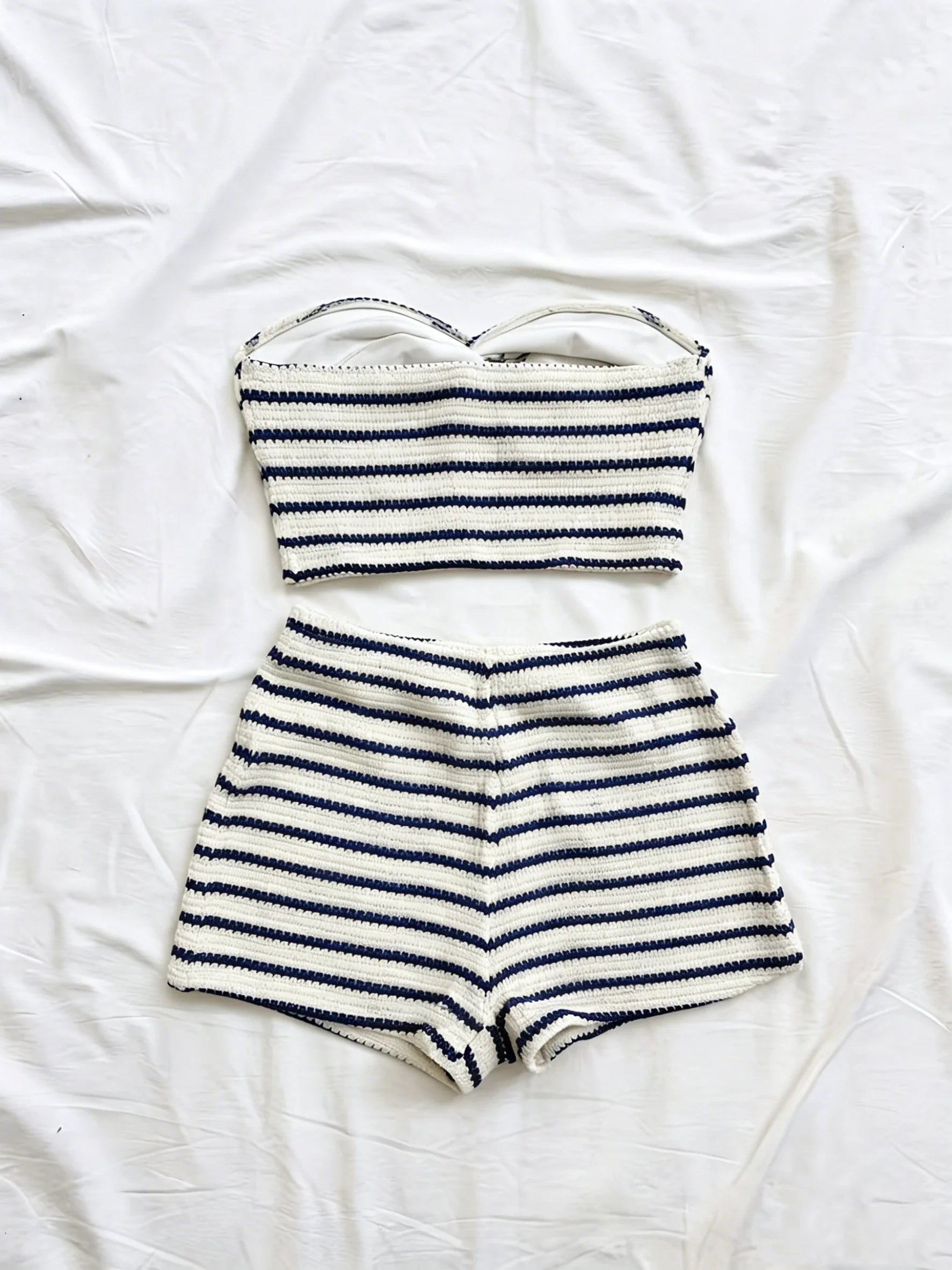Striped Knit 2-Piece Set, Twist-Front Bandeau Top + Shorts