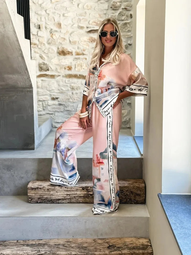 Autumn New Half-Sleeved Printed Shirt Trousers for Women 2-Piece Set