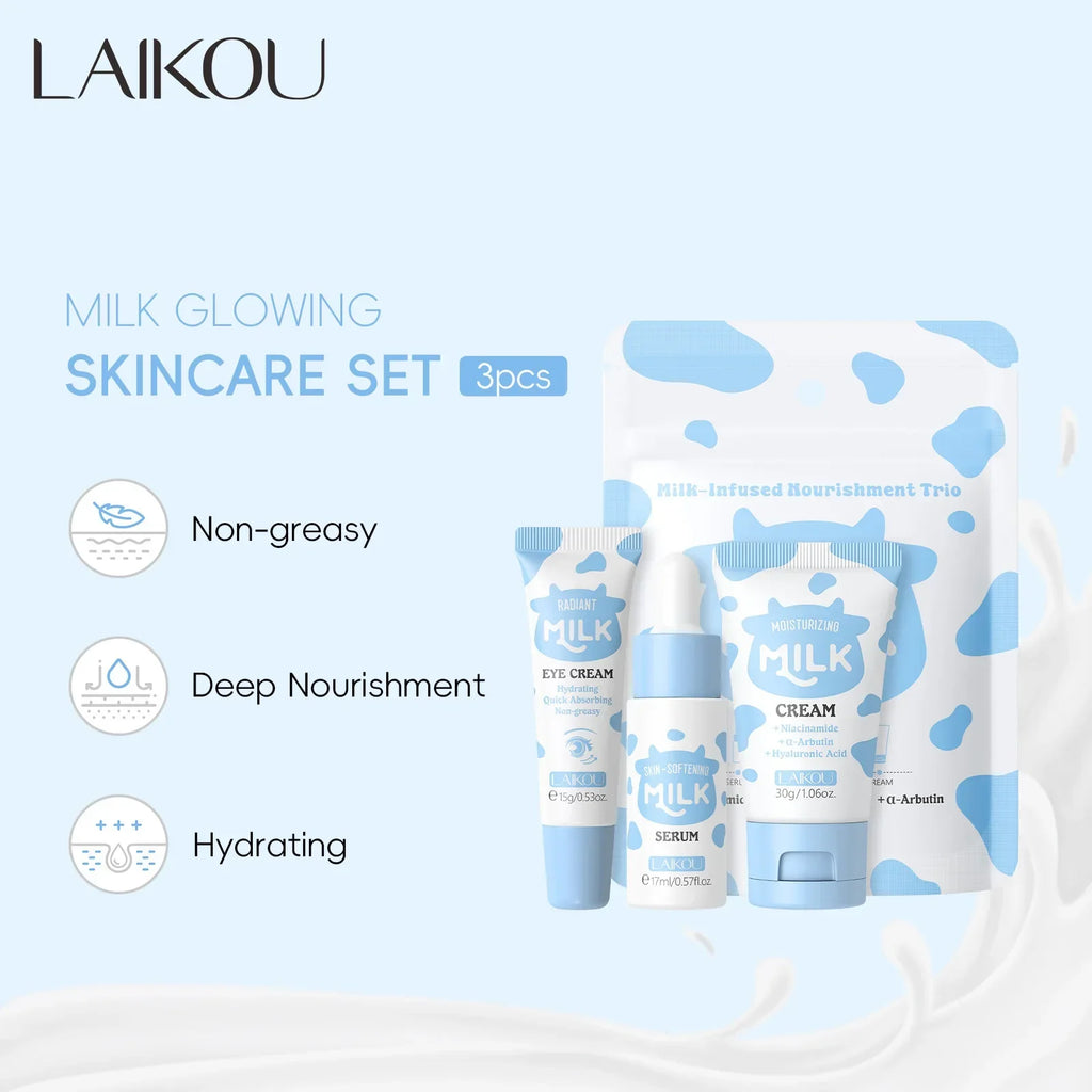 Deep Hydration Milk Skincare Set Softening Serum Gentle Eye Cream Radiant Moisturizing Glowing Trio