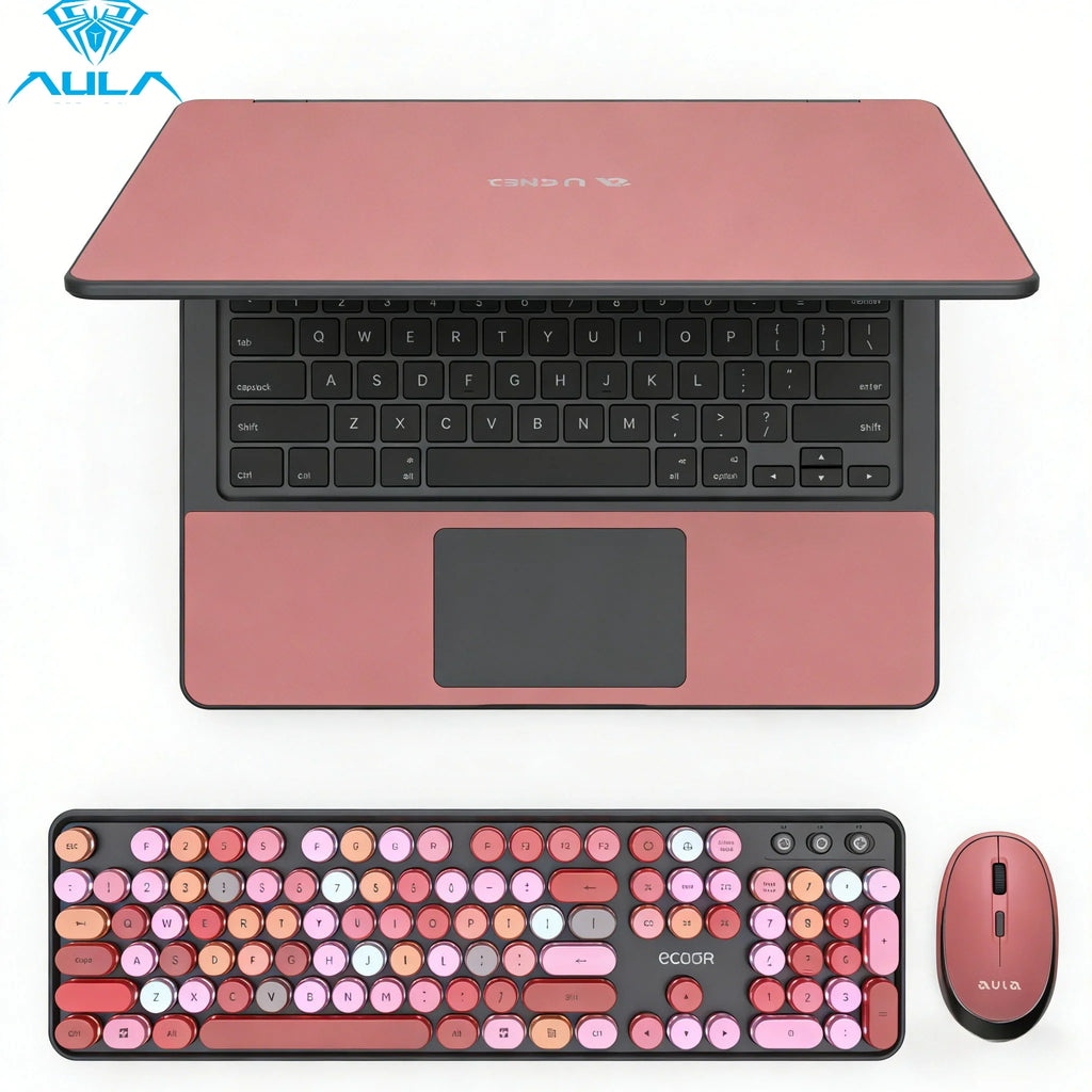 AULA AC306™ Wireless Retro Round Keycap Keyboard & Mouse Set – Silent 2.4G, Pink & Coffee | FlipStylez LLC®