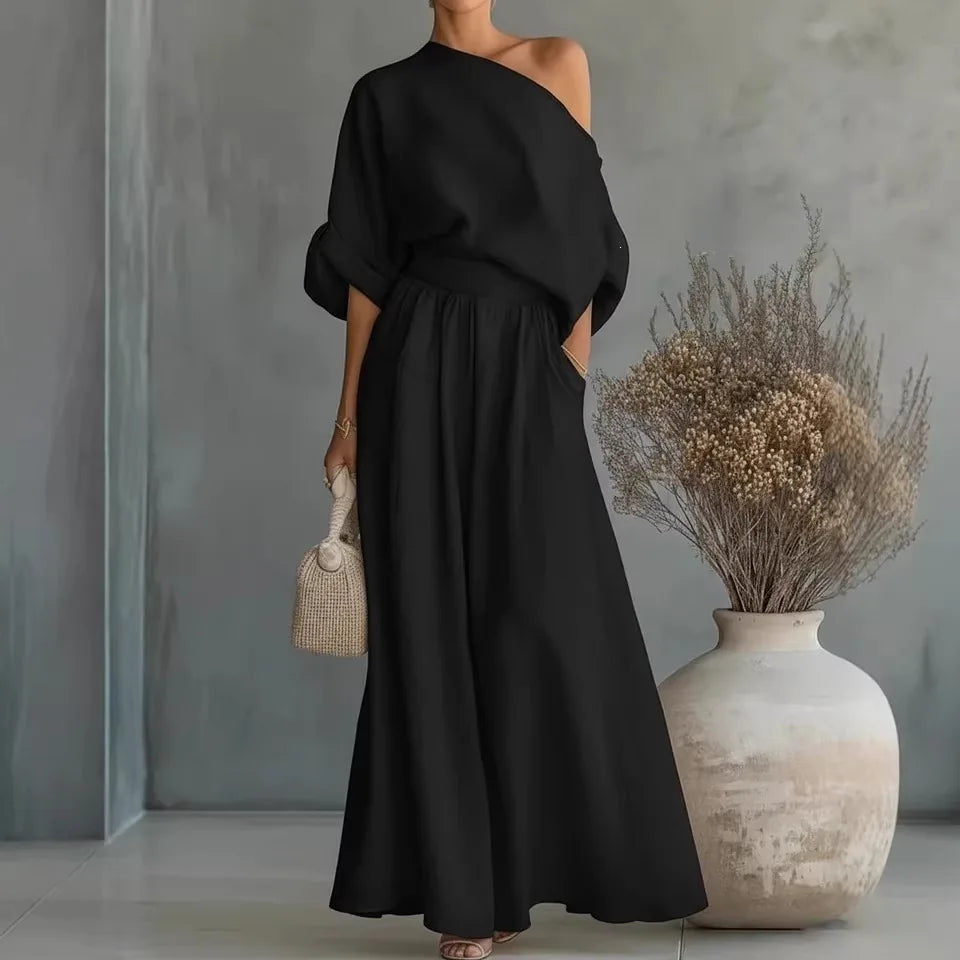 Elegant Two-Piece Short Sleeve Top & Casual Pants Set Woman Sexy Slash