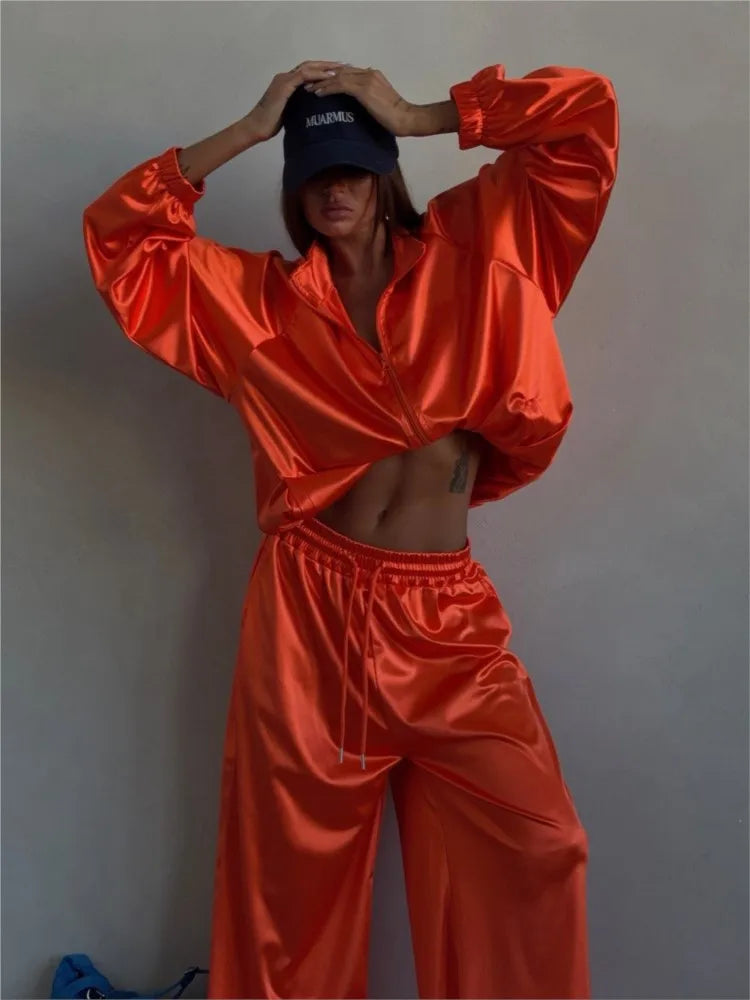 2026spring Autumn New Satin Women's Sports Suit Fashion Zipper Long