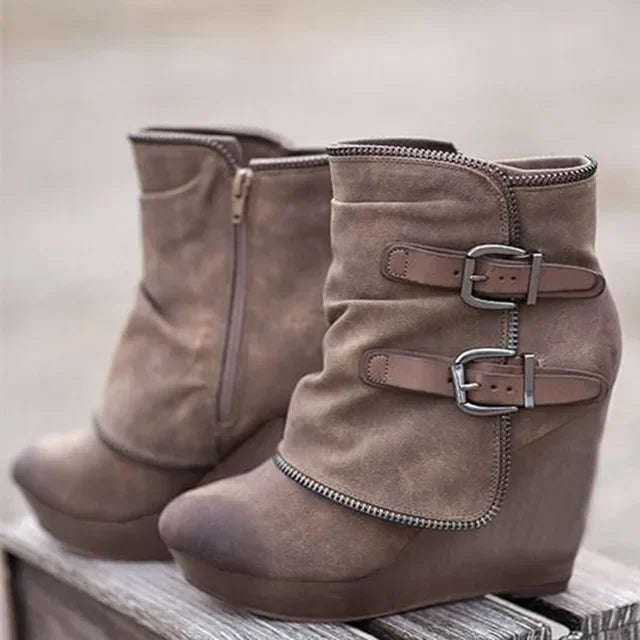 Women's Fashion Ankle Boots Suede Wedge Zipper Solid Color Short Boots Round Toe Shoes Women's Suspender Shoes 2025 NEW