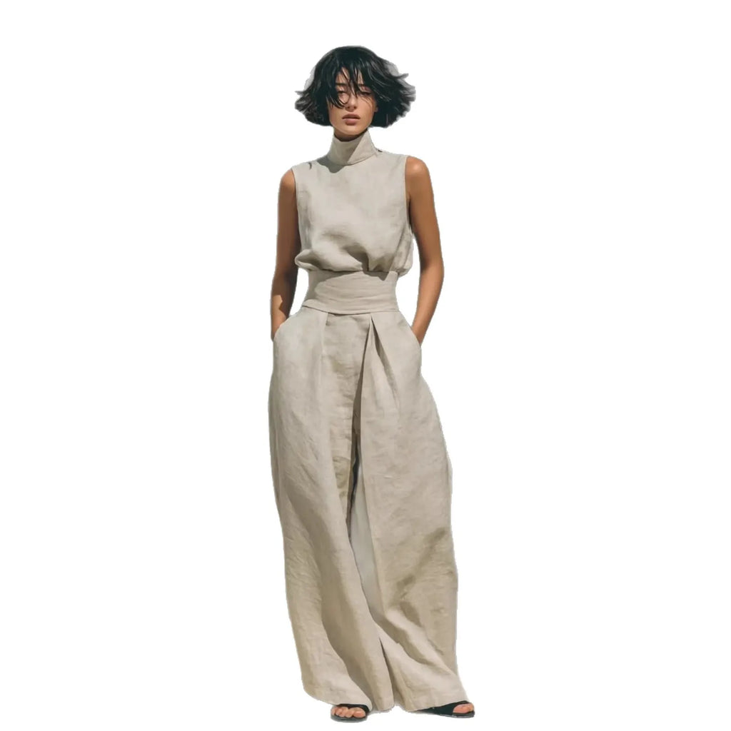 Women 2 Piece Outfit, Sleeveless High Neck Blouse & High Waist Wide