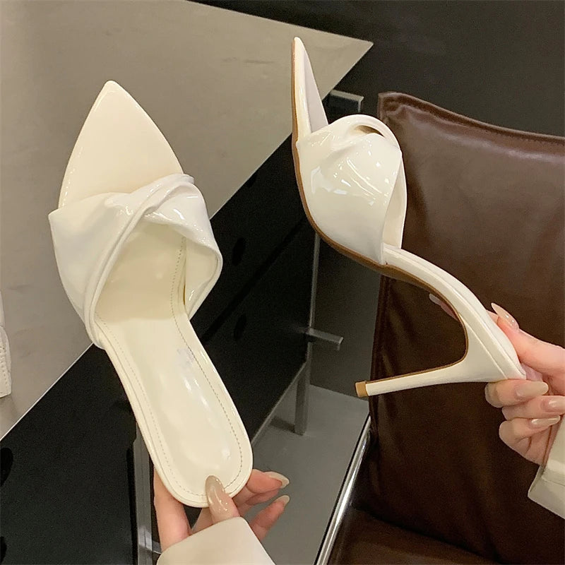 Aneikeh 2026 Summer Pointed Toe Wrinkle Designer Sexy Thin High Heels Woman Slippers Stripper Banquet Prom Slides Ladies Shoes