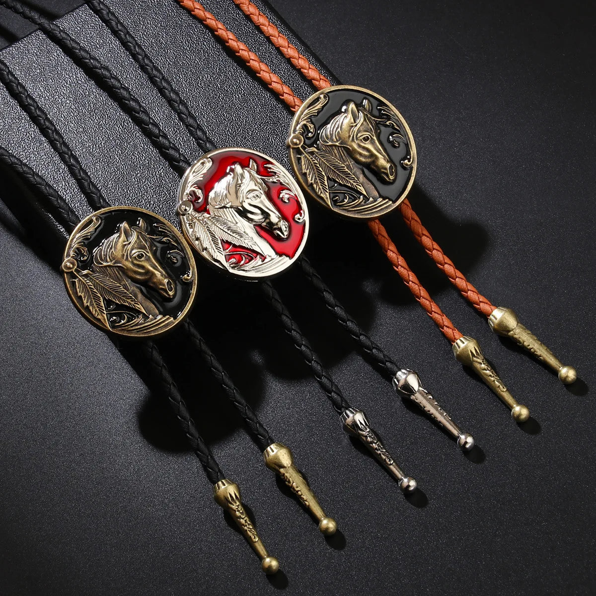 2026 New Western Horse Head Relief Bolo Tie with Braided Leather Cord & Metal Tips Vintage Cowboy Necklace Adjustable Necktie