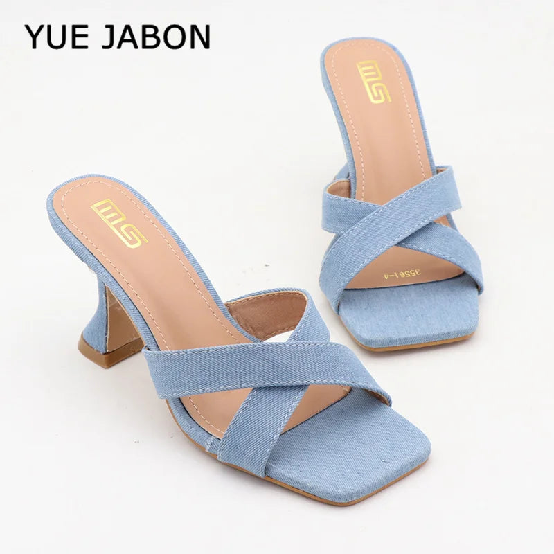Blue Women's Shoes Fashion Summer Women's Slippers Square Toe Solid