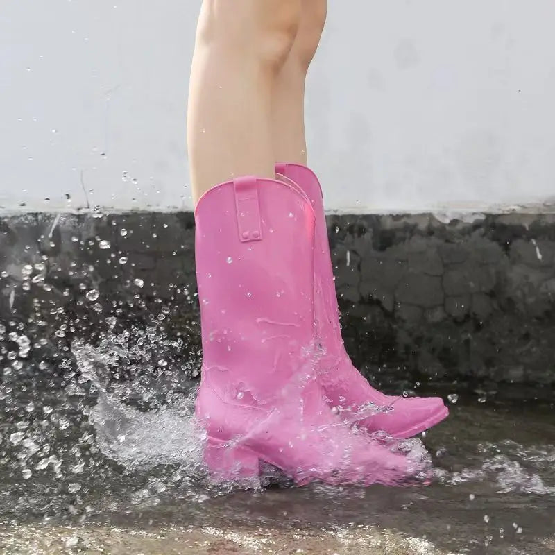 Women New Block Heel High Top Rain Boots Four Seasons Thick Sole Waterproof Non Slip Outdoor Fashionable High Heel Water Shoes