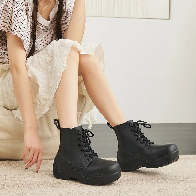 New Thick Sole Outdoor Rain Boots Women's Lace Up Fashion Solid Color Short Sleeve Four Seasons Waterproof Rain Shoes 장화 레인부츠