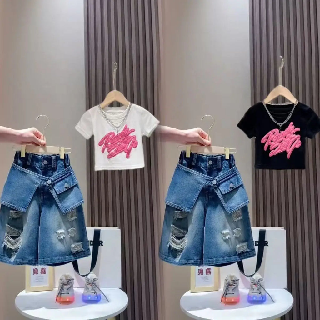 Girls' Set 2026New Mid sized Children's Short sleeved T-shirt Children's Fashionable Girls' Cowboy Five point Shorts 2 piece Set