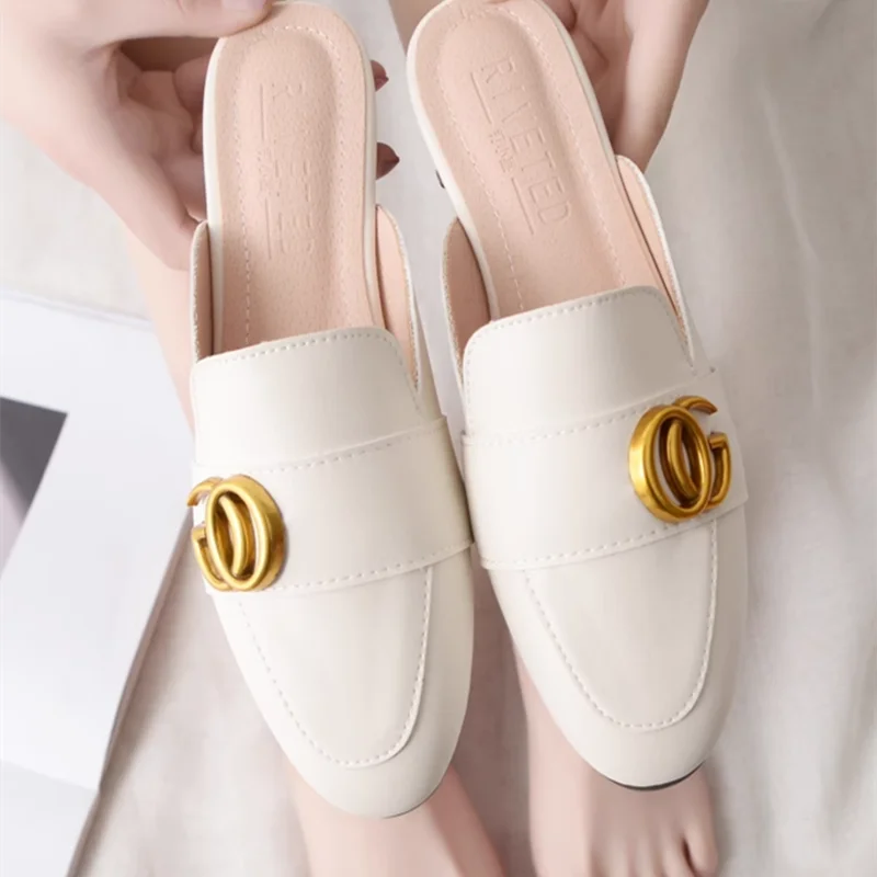 Lady Gold Metal Slides Round Toe Microfiber Soft Bottom For Tender Feet Wide Fits Beige Pink Fashionable Shoes For Summer 44-33