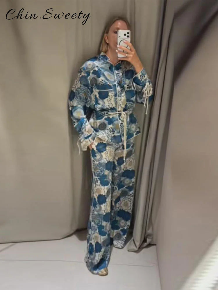 Casual Women's Printed Blouses Pant Set Loose Long Sleeve Lapel Lace